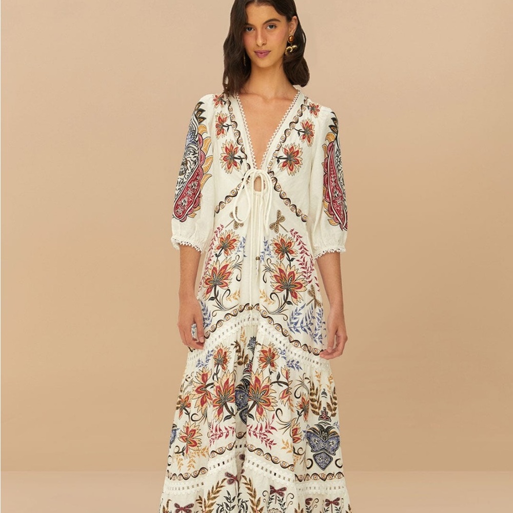 FARM Rio White and Cream Maxi Dress Plunge Neckline